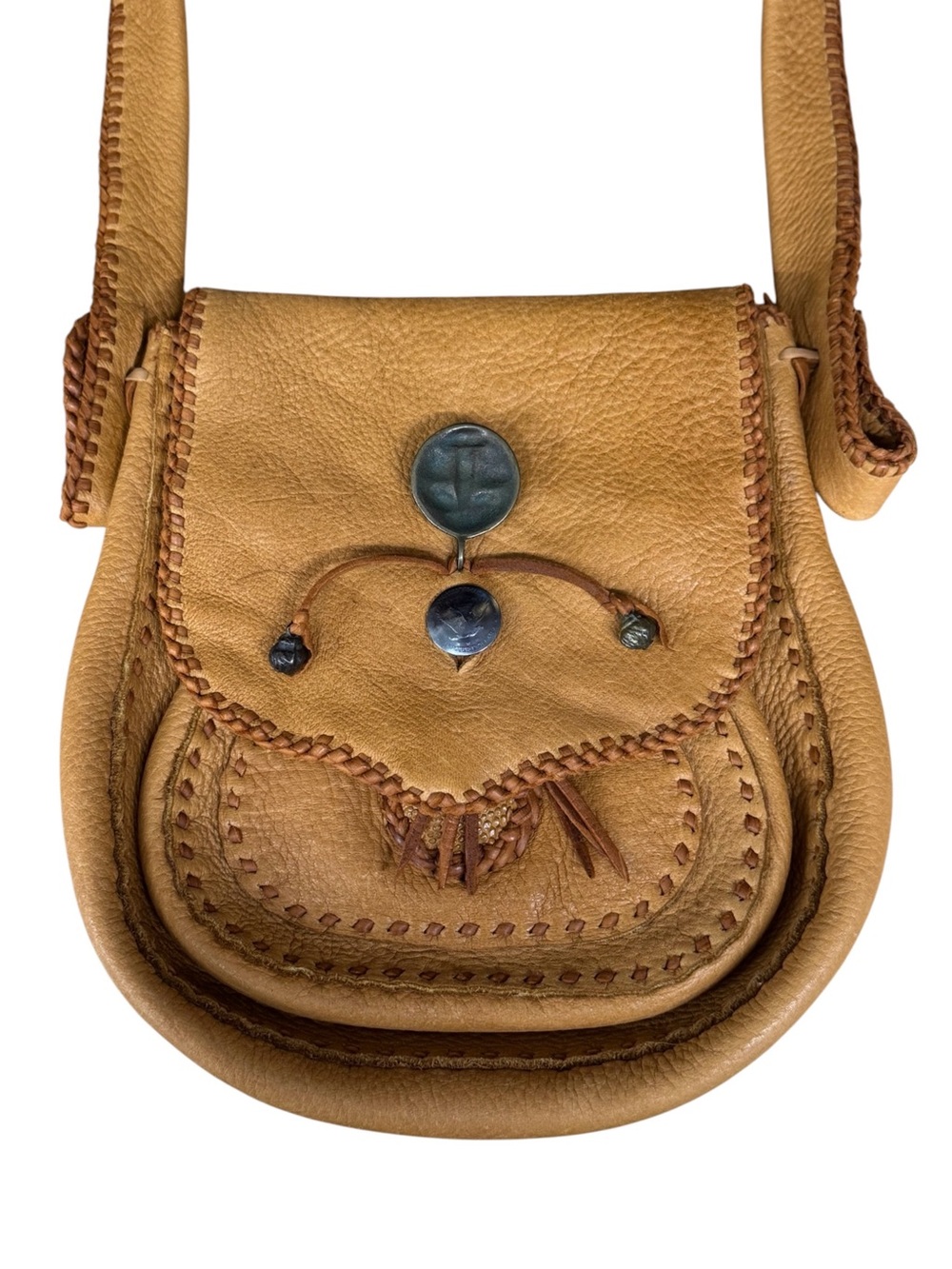 Vintage 70s Hippie Leather Bohemian Boho Gypsy Style Whip-Stitch Shoulder Bag - Picture 8 of 13